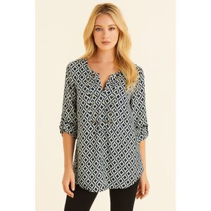 41 Hawthorn Moni Studded Geo Print Blouse Size M Navy White Tunic Top
